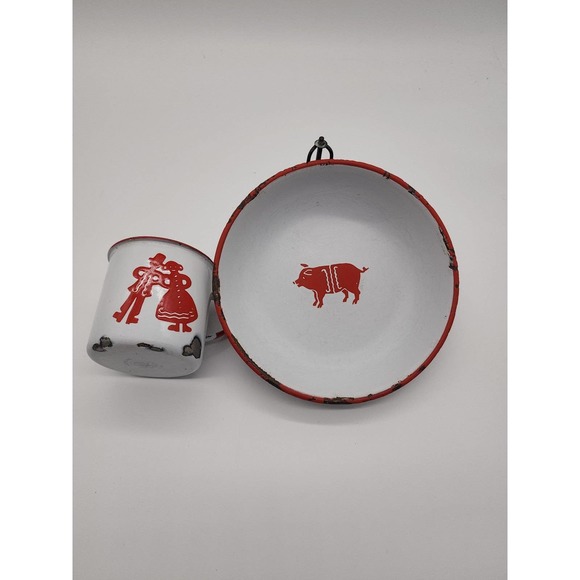 Vintage enamel Cup and Bowl Farm Themed - Picture 1 of 6